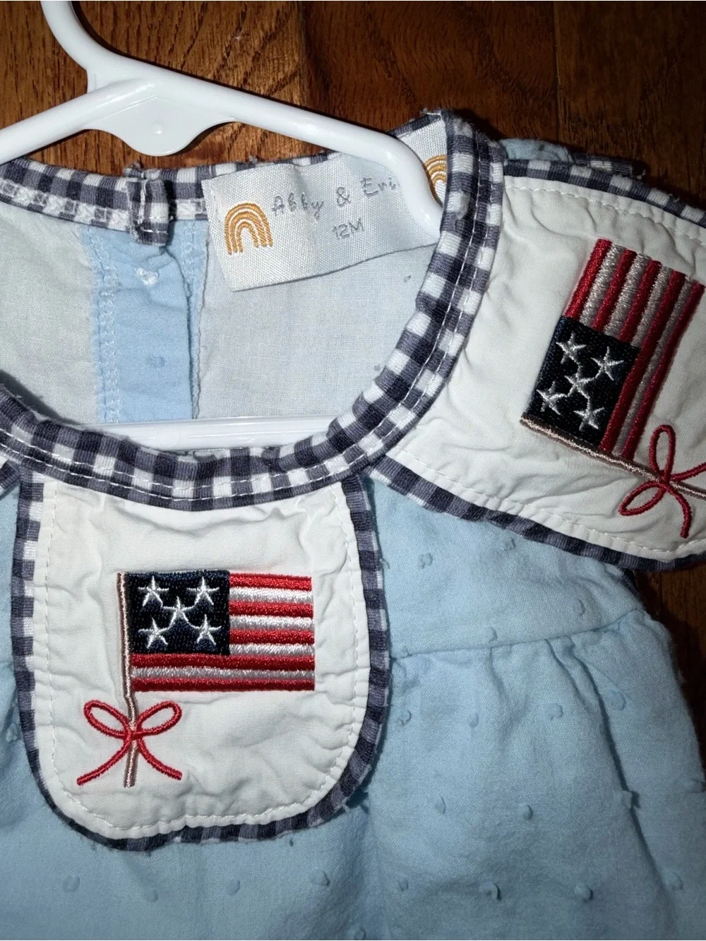 Light Blue Baby Bubble Romper with Patriotic Flag Trim